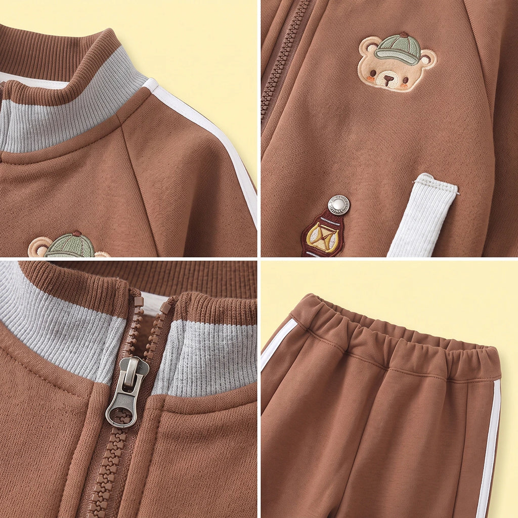 Boys Light Brown Graphic Embroidered Jacket & Jogger Sets Sets