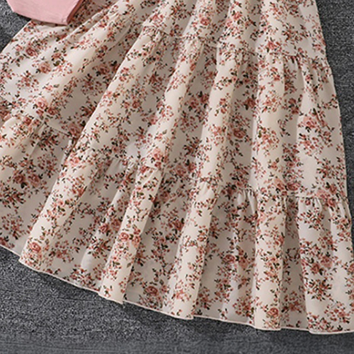 Girls Beige Floral Print Sleeveless Tiered Dress With Shrug Casual Dresses