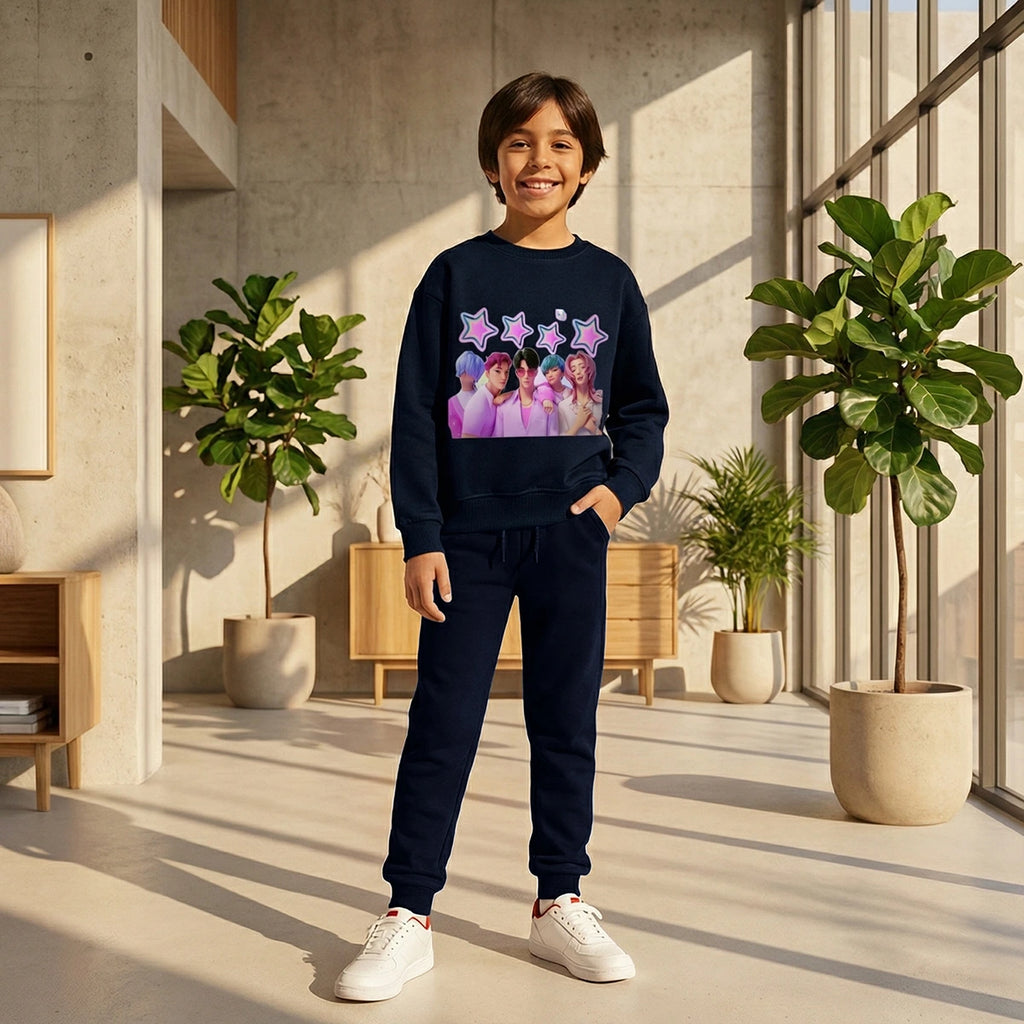 Boys Navy Blue K-Pop Star Graphics Sweatshirt With Jogger Co-ord Sets Sets Navy Blue 6-7 Y
