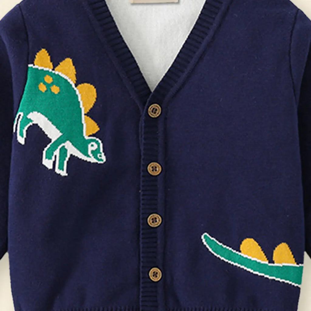 Boys Navy Blue Self-Design Dinosaur Pattern Button Down Cardigan Sweaters & Cardigans