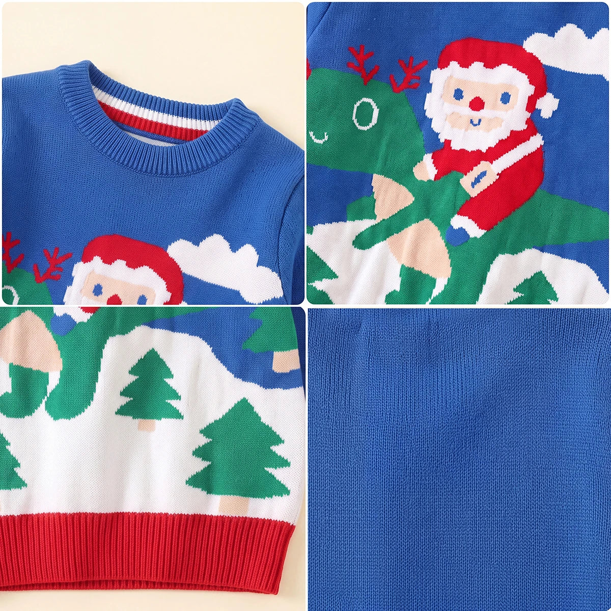 Boys Blue Sweater With Self-Design Santa Pattern Sweaters & Cardigans