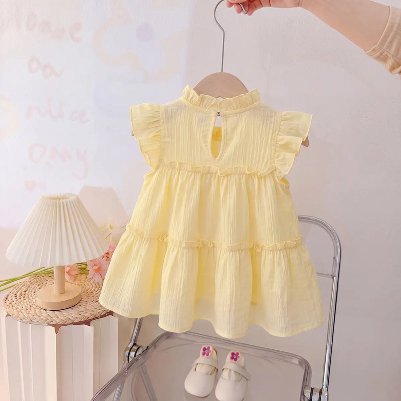 Girls Lime Yellow Sleeveless Bow Accent Tiered Dress Casual Dresses