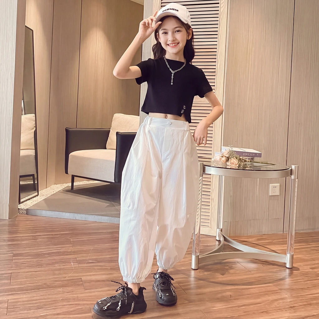 Girls Black Short Sleeve Crop Top With Elasticated Pants Sets 2 pc. Sets Black 3-4 Y