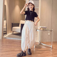 Girls Black Short Sleeve Crop Top With Elasticated Pants Sets 2 pc. Sets Black 3-4 Y