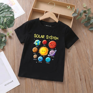 Girls Black Planets Graphic Short Sleeve T-Shirt Tshirts Black 1-2 Y