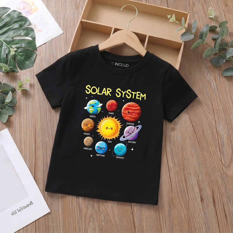 Girls Black Planets Graphic Short Sleeve T-Shirt Tshirts Black 1-2 Y