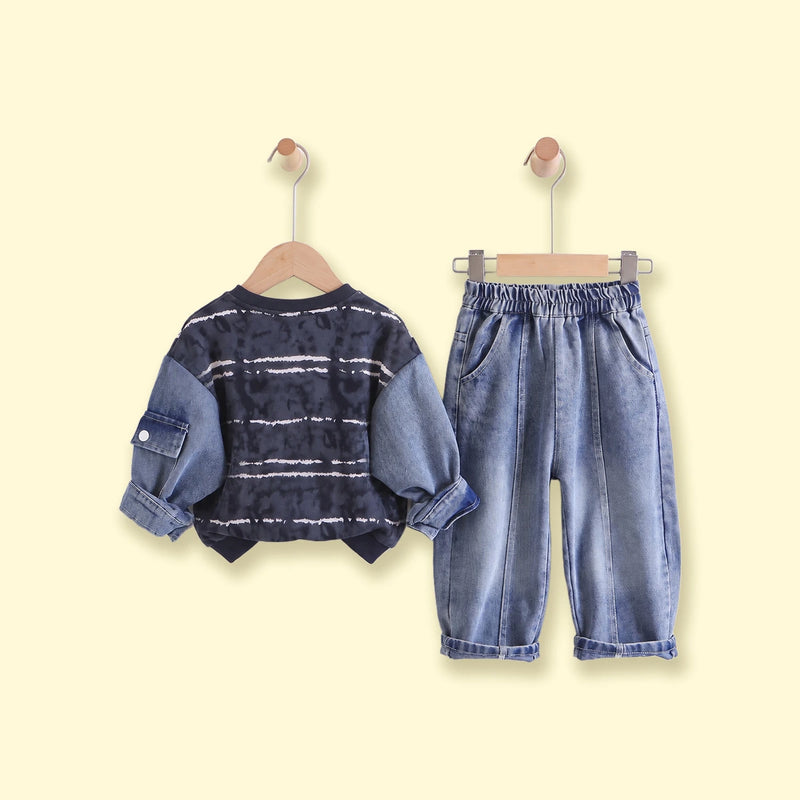 Boys Navy Blue Striped Sweatshirt With Denim Pants Sets 2 pc. Sets
