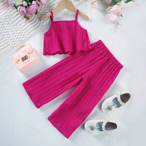 Girls Fuchsia Self Stripes Sleeveless Tiered Top With Pants Co-ord Sets Sets