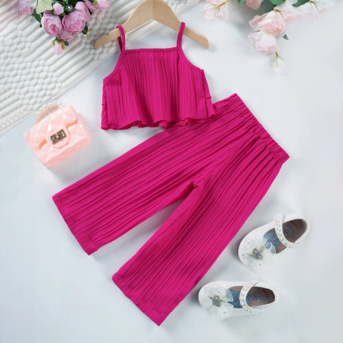 Girls Fuchsia Self Stripes Sleeveless Tiered Top With Pants Co-ord Sets Sets