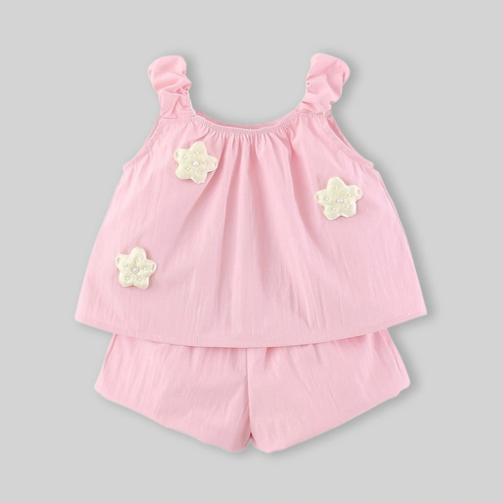 Girls Pink Floral Applique Top With Shorts Sets Sets