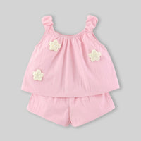 Girls Pink Floral Applique Top With Shorts Sets Sets