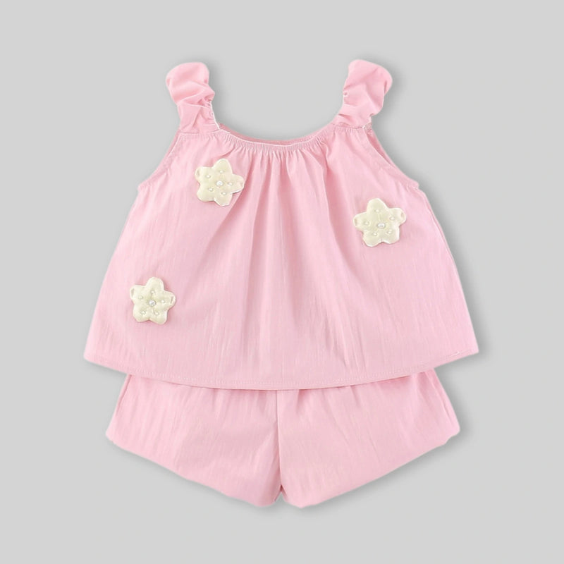 Girls Pink Floral Applique Top With Shorts Sets Sets