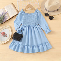 Girls Light Blue Smocked Yoke Puff Sleeve High-Low Dress Casual Dresses