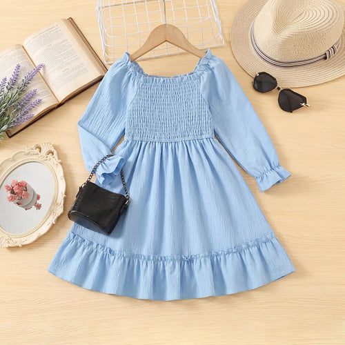 Girls Light Blue Smocked Yoke Puff Sleeve High-Low Dress Casual Dresses