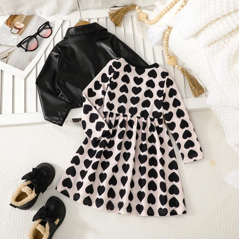 Girls Black Heart Print Fit & Flare Dress With Faux Leather Jacket Casual Dresses