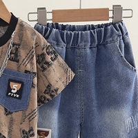 Boys Brown Typographic Print T-Shirt With Denim Shorts Set Sets