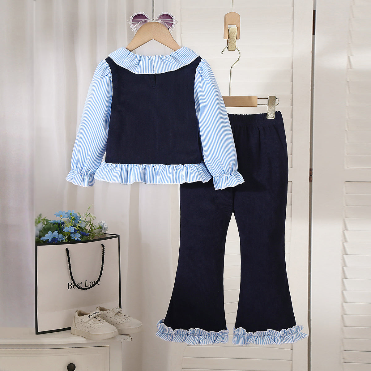 Girls Navy Blue Stripes Top With Pants Sets 2 pc. Sets