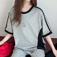 Girls Grey Colour-blocked Short Sleeves T-Shirt With Wide-Leg Joggers Sets Sets