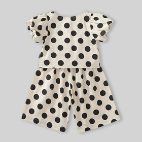 Girls Apricot Polka Dot Printed Puff Sleeve Top With Elasticated Pants Sets Sets