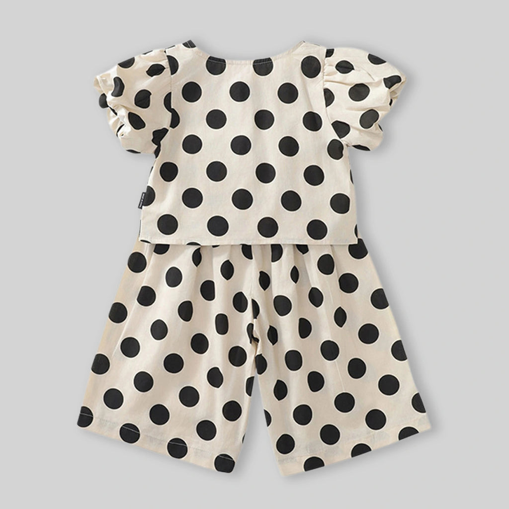 Girls Apricot Polka Dot Printed Puff Sleeve Top With Elasticated Pants Sets Sets