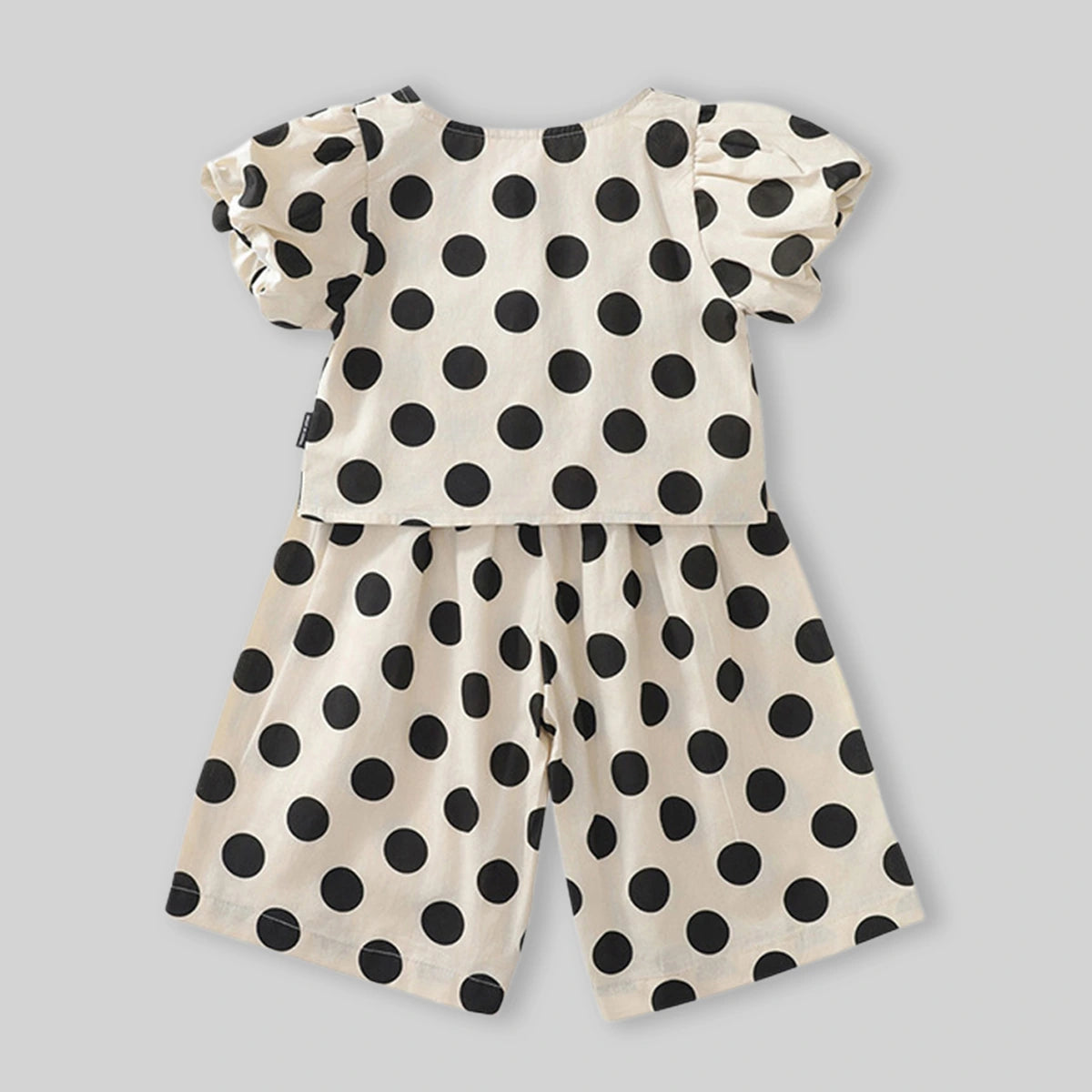 Girls Apricot Polka Dot Printed Puff Sleeve Top With Elasticated Pants Sets Sets