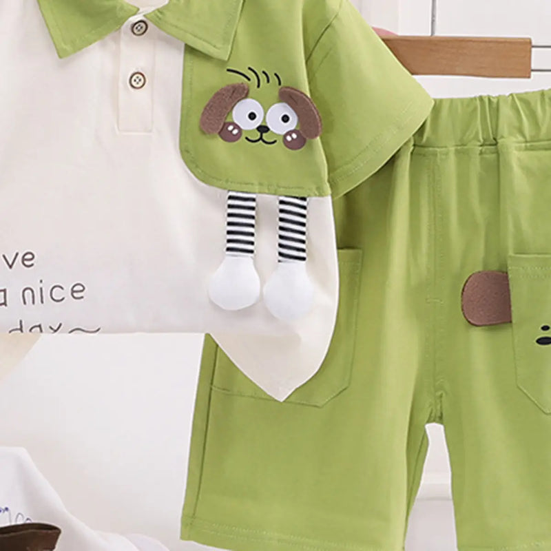 Boys Light Green Dog Applique Short Sleeve Polo T-Shirt With Elasticated Shorts Sets 2 pc. Sets
