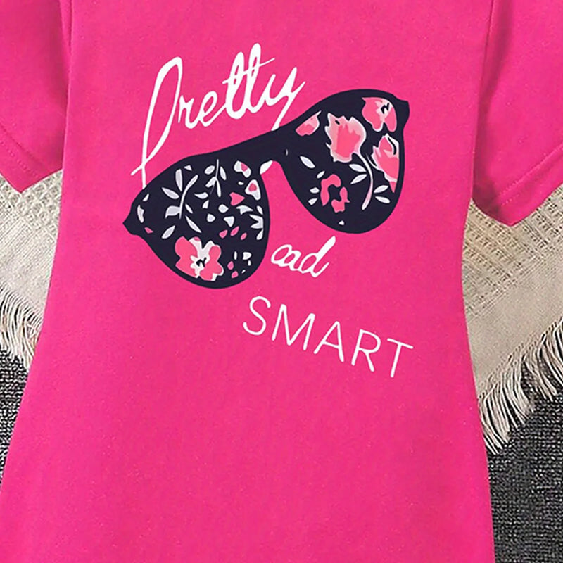 Girls Fuchsia Sunglasses Graphic Short Sleeve T-Shirt Dress Casual Dresses