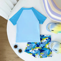 Boys Light Blue Shark Printed Short Sleeves T-Shirt & Shorts Swimsuit Sets Sets