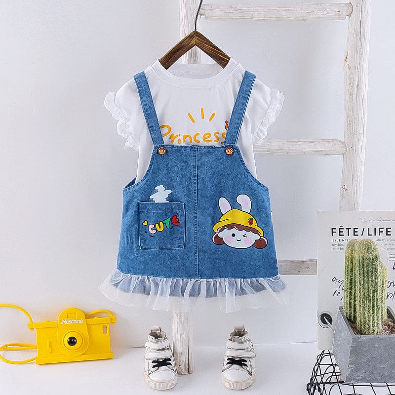 Girls White Printed T-shirt with Denim Pinafore Set Sets White 1-2 Y 