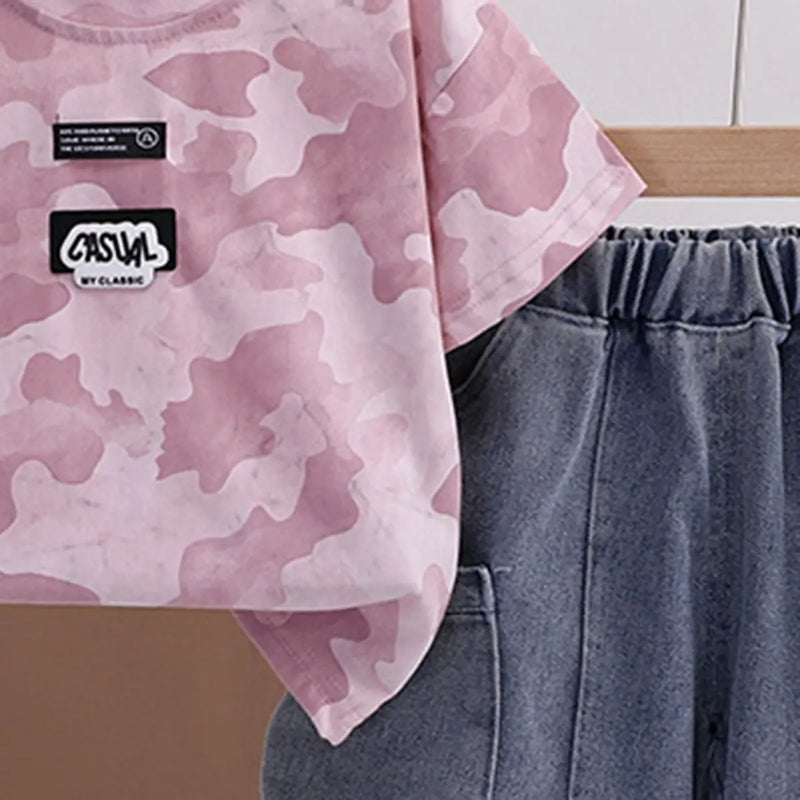 Boys Pink Camouflage Printed Round Neck T-Shirt With Denim Shorts Sets 2 pc. Sets