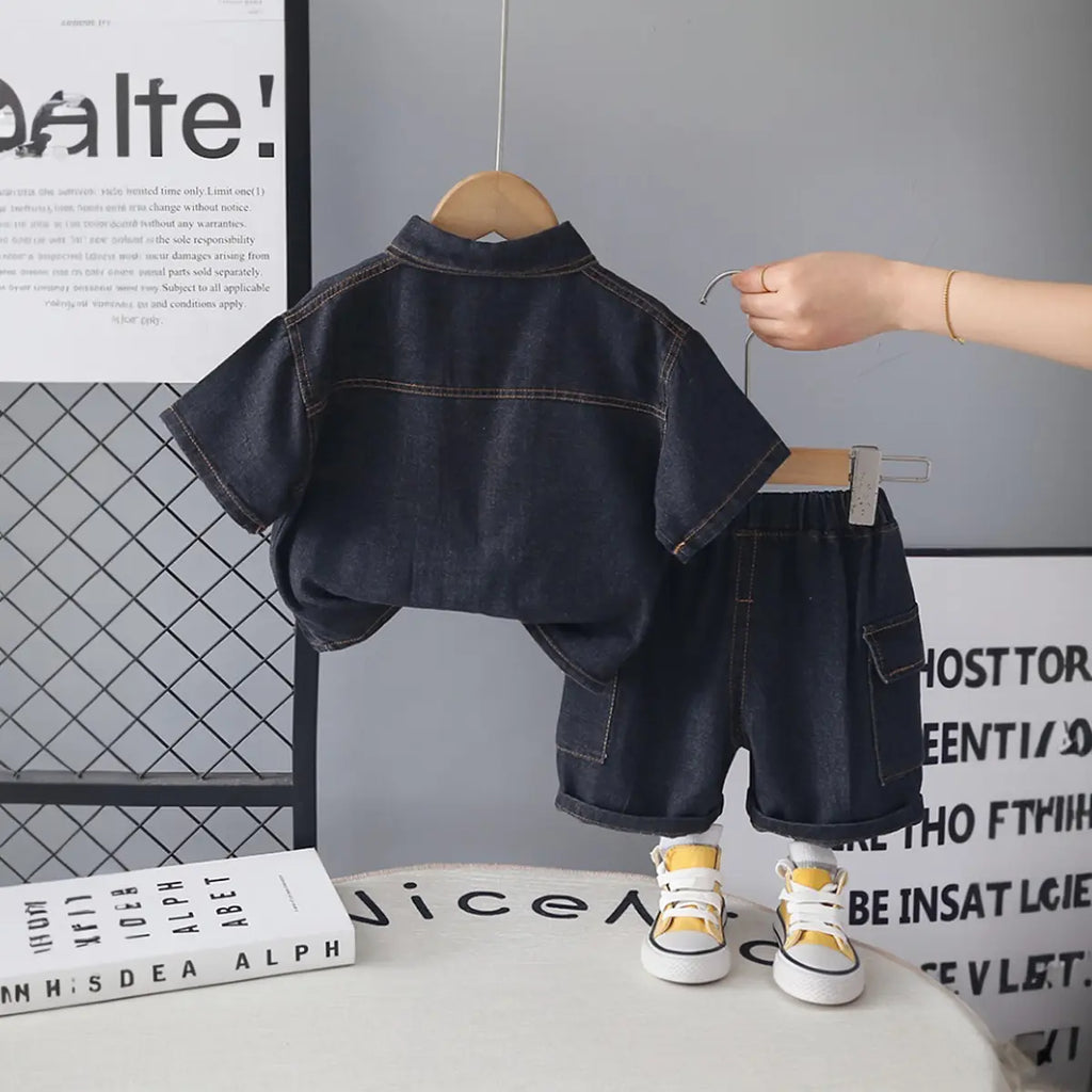 Boys Black Denim Shirt & Shorts With Printed T-Shirt Sets Sets