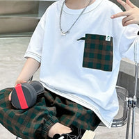 Boys White Oversized T-Shirt With Checked Joggers Sets Sets