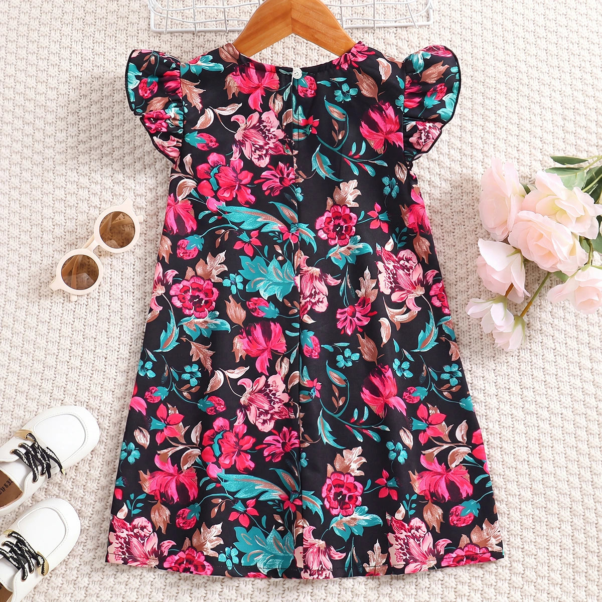 Girls Black Floral Print Flutter Sleeve A-Line Dress Casual Dresses