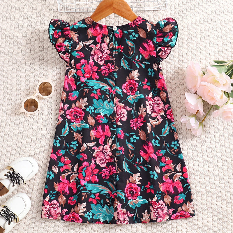 Girls Black Floral Print Flutter Sleeve A-Line Dress Casual Dresses