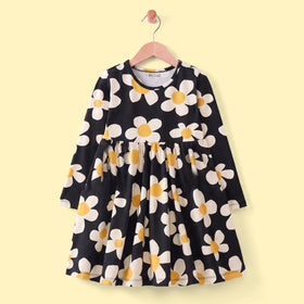 Girls Black Floral Print Long Sleeve Fit & Flare Dress Casual Dresses Black 3-4 Y