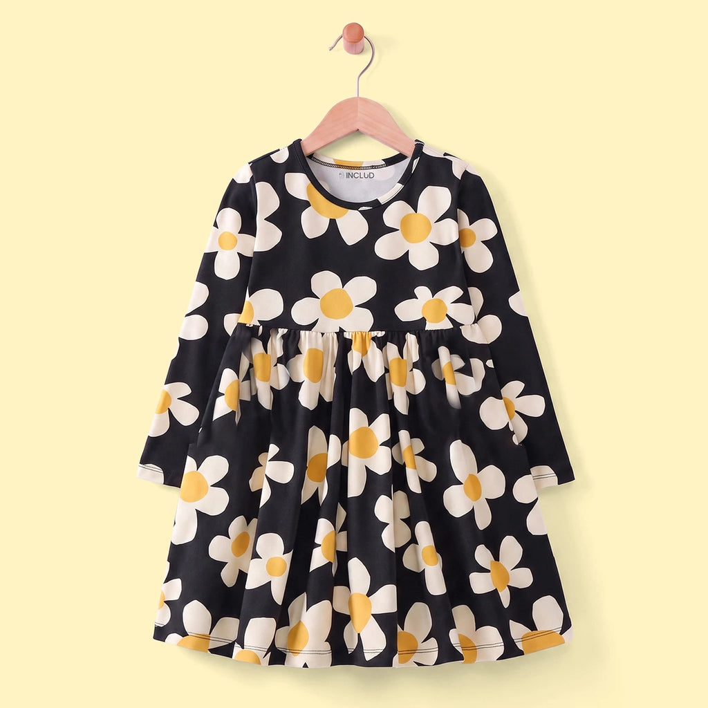 Girls Black Floral Print Long Sleeve Fit & Flare Dress Casual Dresses Black 3-4 Y