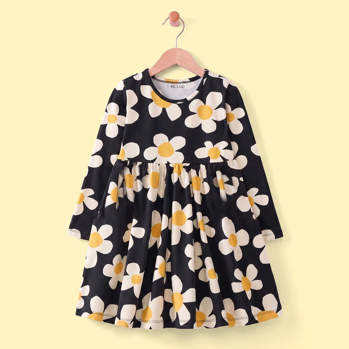 Girls Black Floral Print Long Sleeve Fit & Flare Dress Casual Dresses Black 3-4 Y