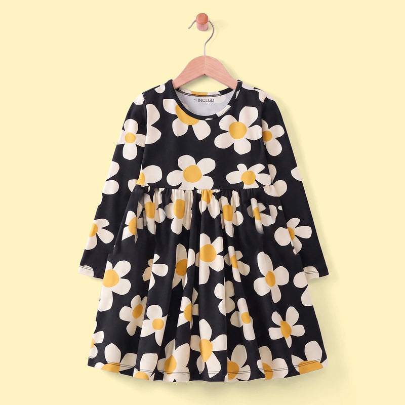Girls Black Floral Print Long Sleeve Fit & Flare Dress Casual Dresses Black 3-4 Y