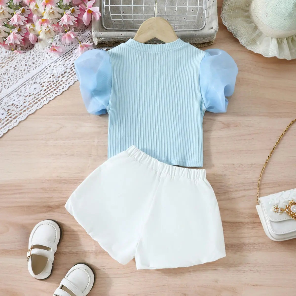 Girls Sky Blue Puff Sleeves Top With Mini Bow Applique Shorts Set Sets