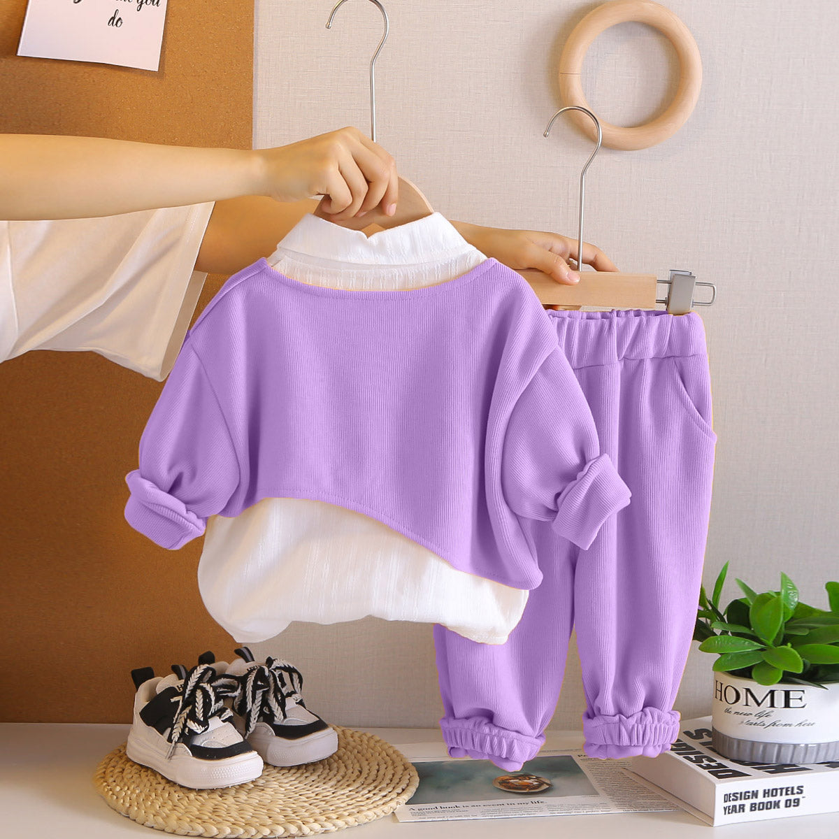 Girls Purple Embroidered Top With Striped Shirt & Joggers Set Sets