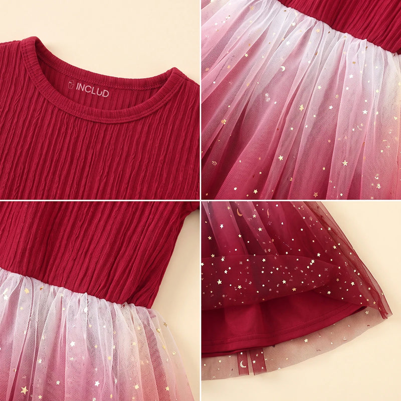 Girls Red Star Print Long Sleeve Fit & Flare Dress Casual Dresses