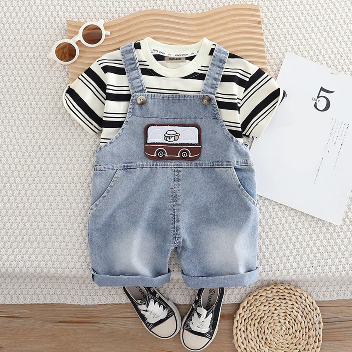 Boys Black Striped T-Shirt with Denim Dungaree Set Sets