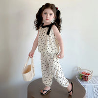 Girls Cream Bow Print Sleeveless Top With Elasticated Pants Sets Sets