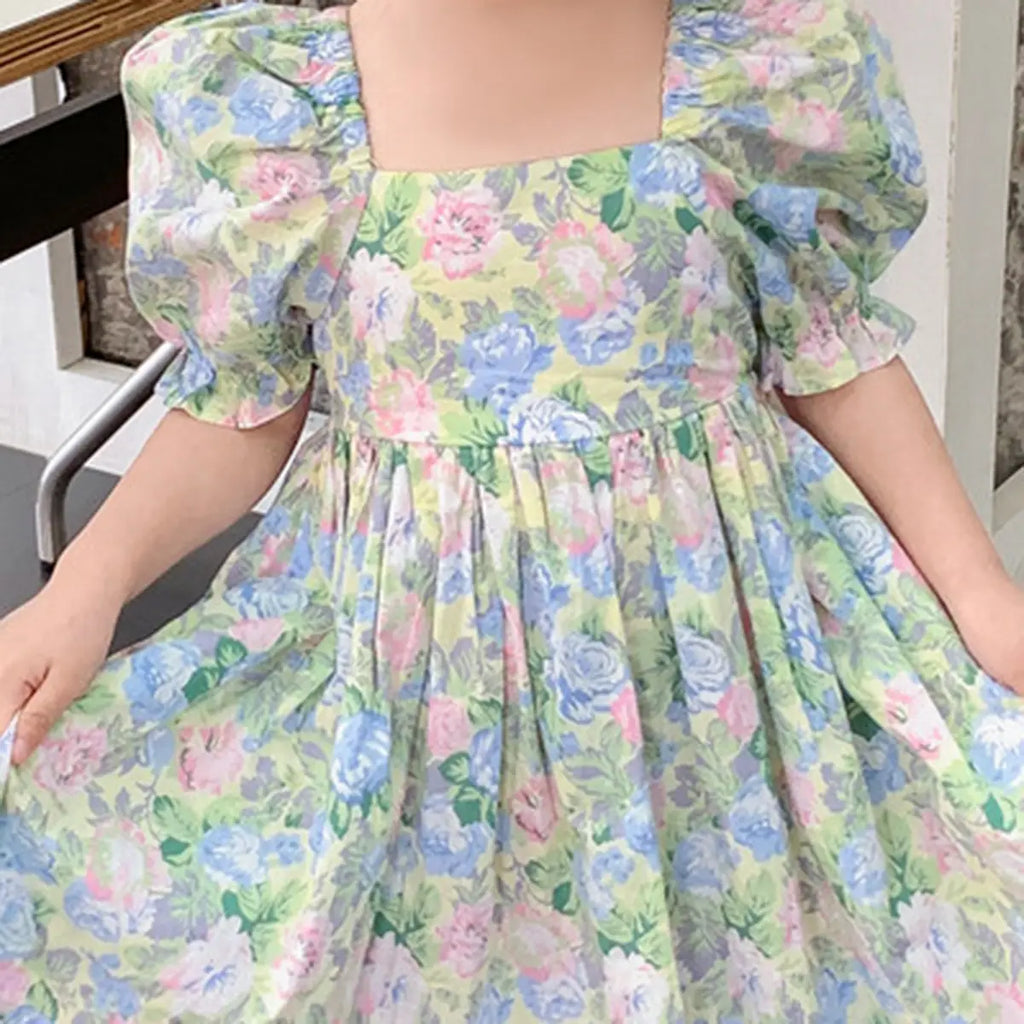 Girls Green Floral Print Puff Sleeve Fit & Flare Dress Casual Dresses
