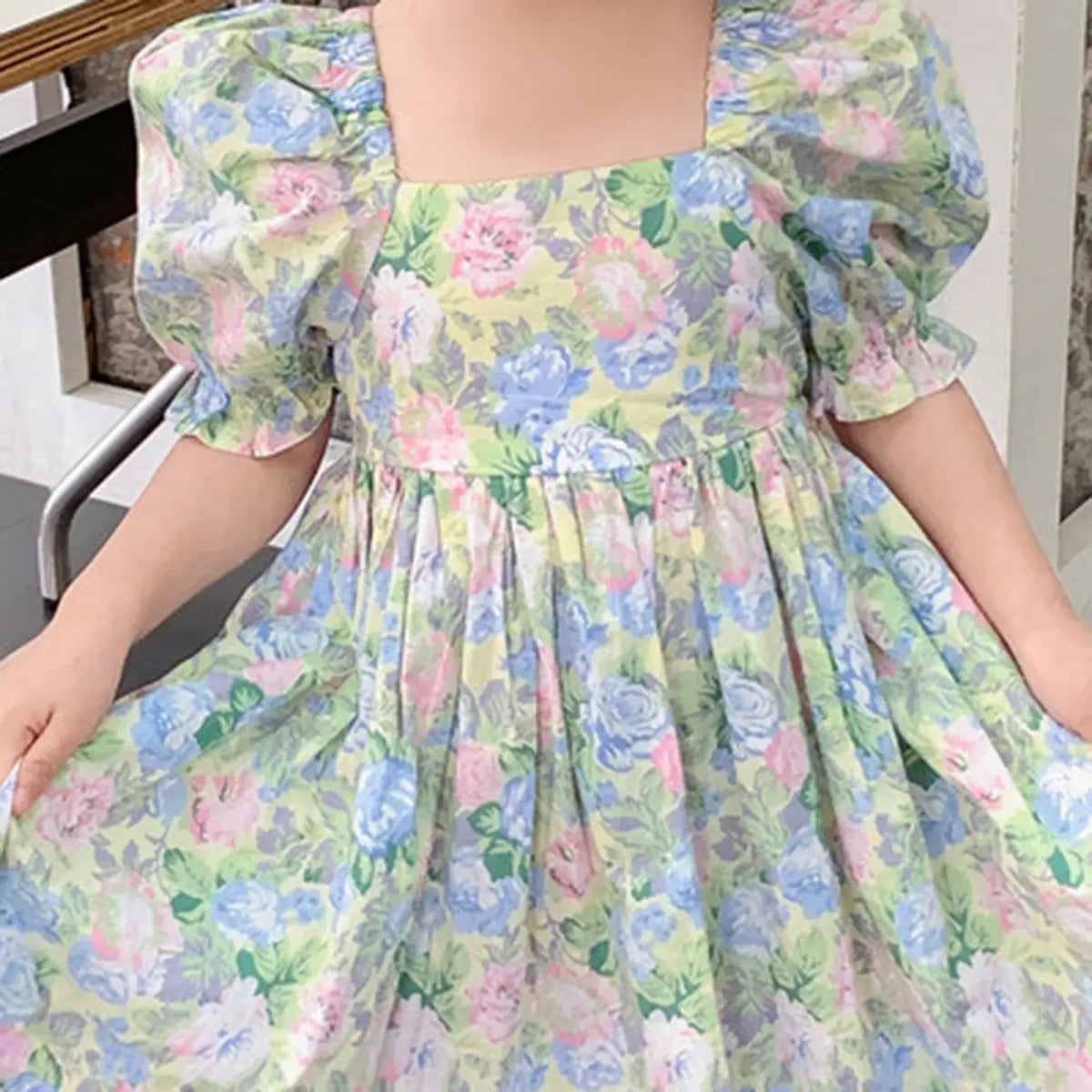 Girls Green Floral Print Puff Sleeve Fit & Flare Dress Casual Dresses