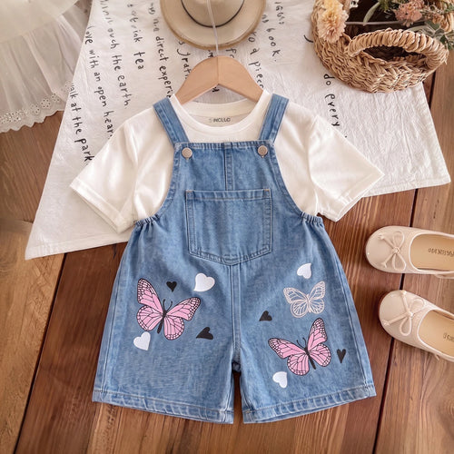 Girls Blue Butterfly Print Adjustable Strap Dungaree Jumpsuits Blue 2-3 Y