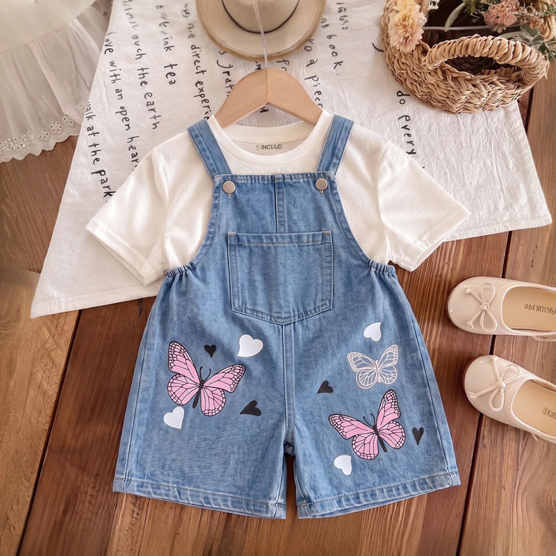 Girls Blue Butterfly Print Adjustable Strap Dungaree Jumpsuits Blue 2-3 Y