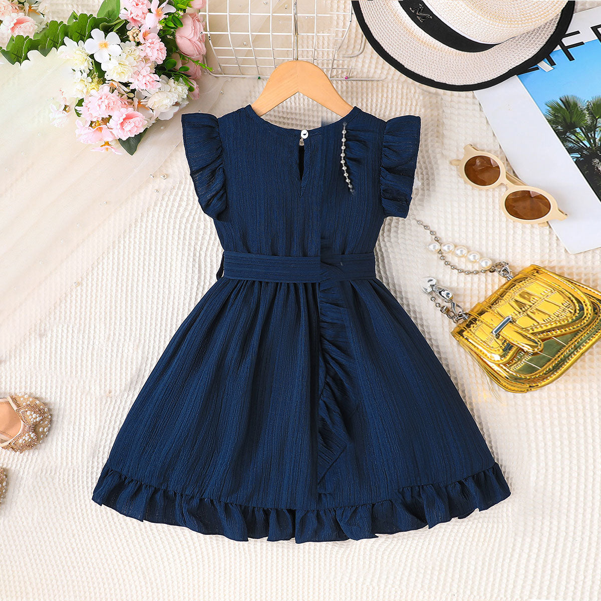 Girls Navy Blue Flutter Sleeves Bottom Ruffled Dress Casual Dresses