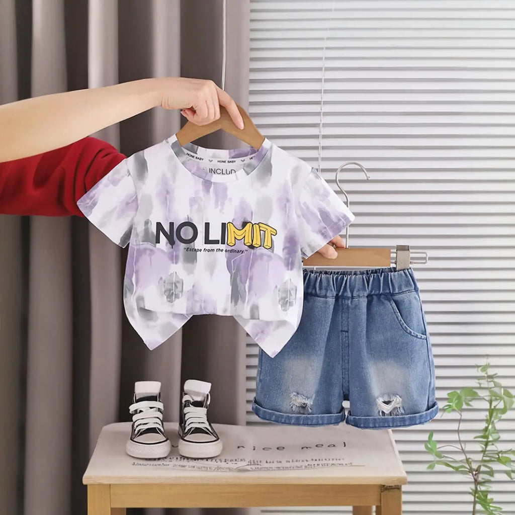 Boys Lavender Tie-Dye Printed Round Neck T-Shirt With Denim Shorts Sets 2 pc. Sets Lavender 1-2 Y