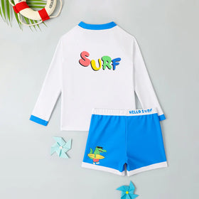 Boys White Graphics Long Sleeves T-Shirt & Short Swimwear Sets Beachwear